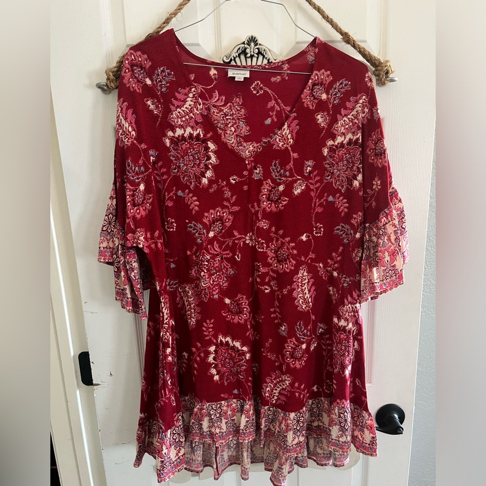 Red Pattern Blouse with Ruffles